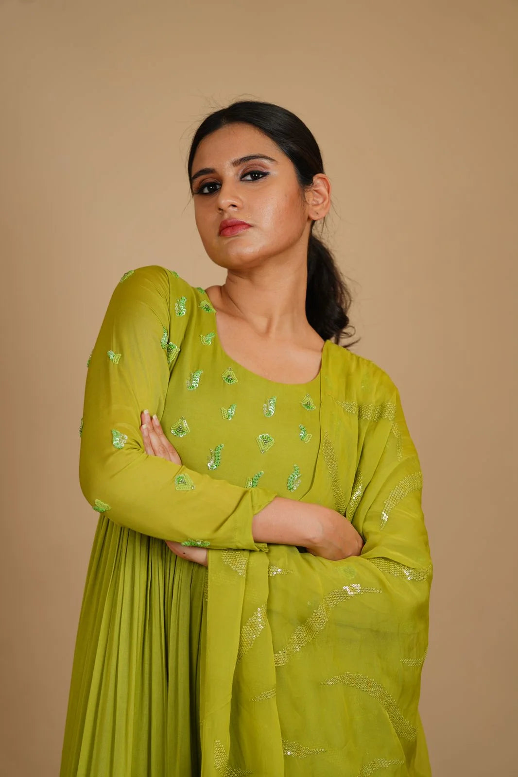 Fresh Green Kora Silk Anarkali - Tiered Ethnic Anarkali