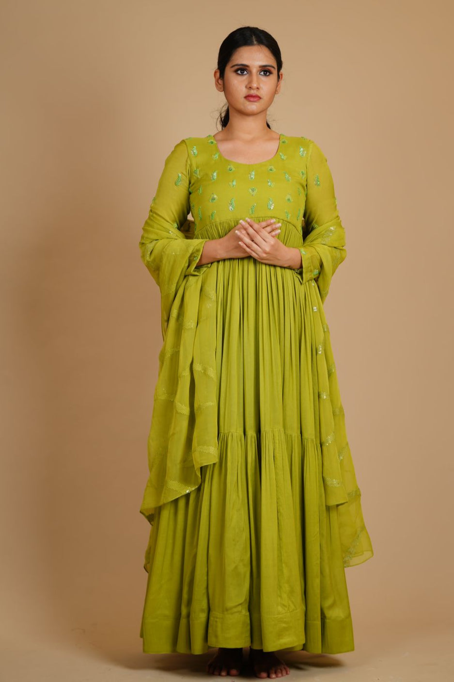 Fresh Green Kora Silk Anarkali - Tiered Ethnic Anarkali