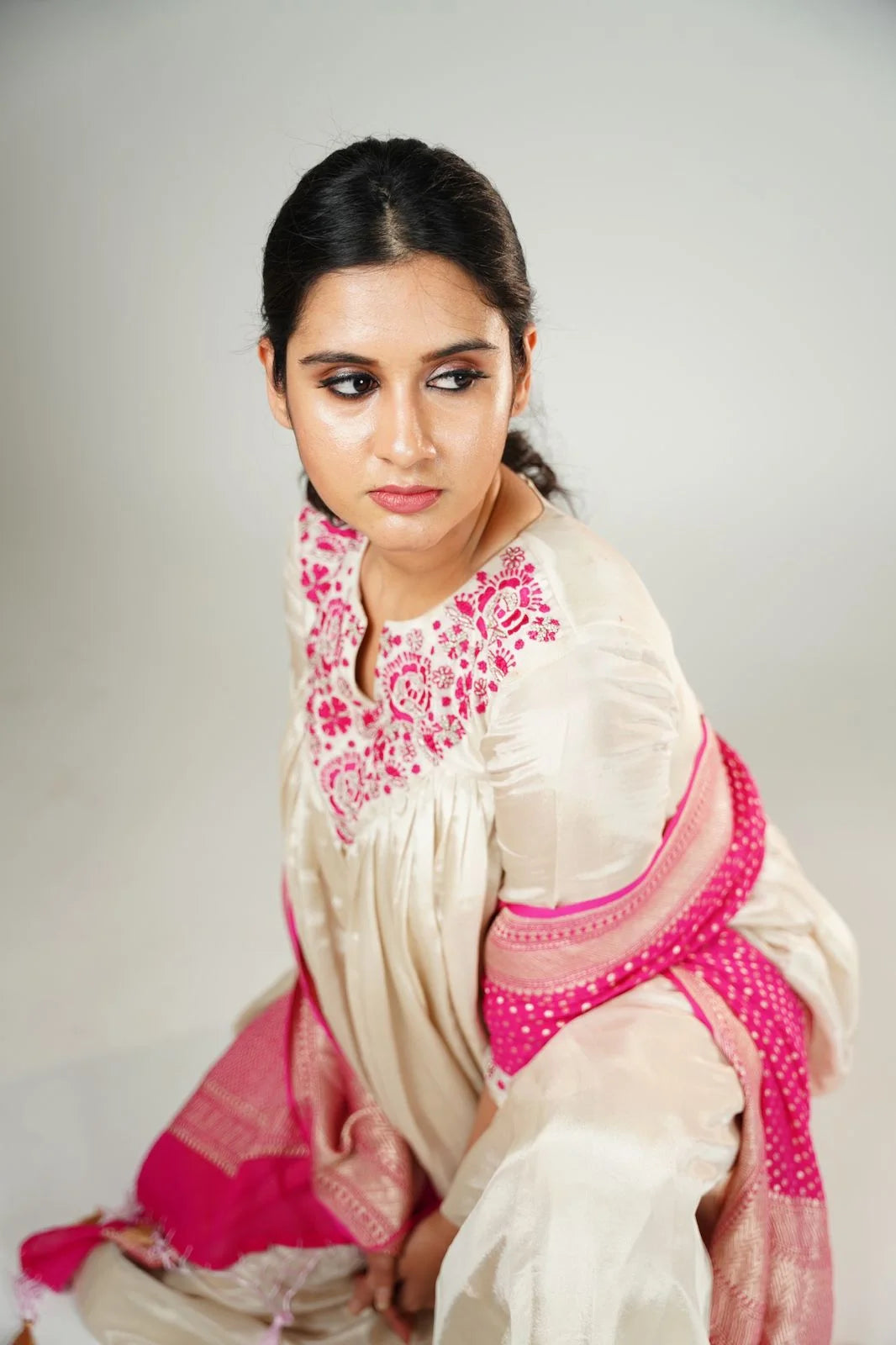 Classic White Tissue Anarkali with Pink Dupatta - Silk Anarkali Suit