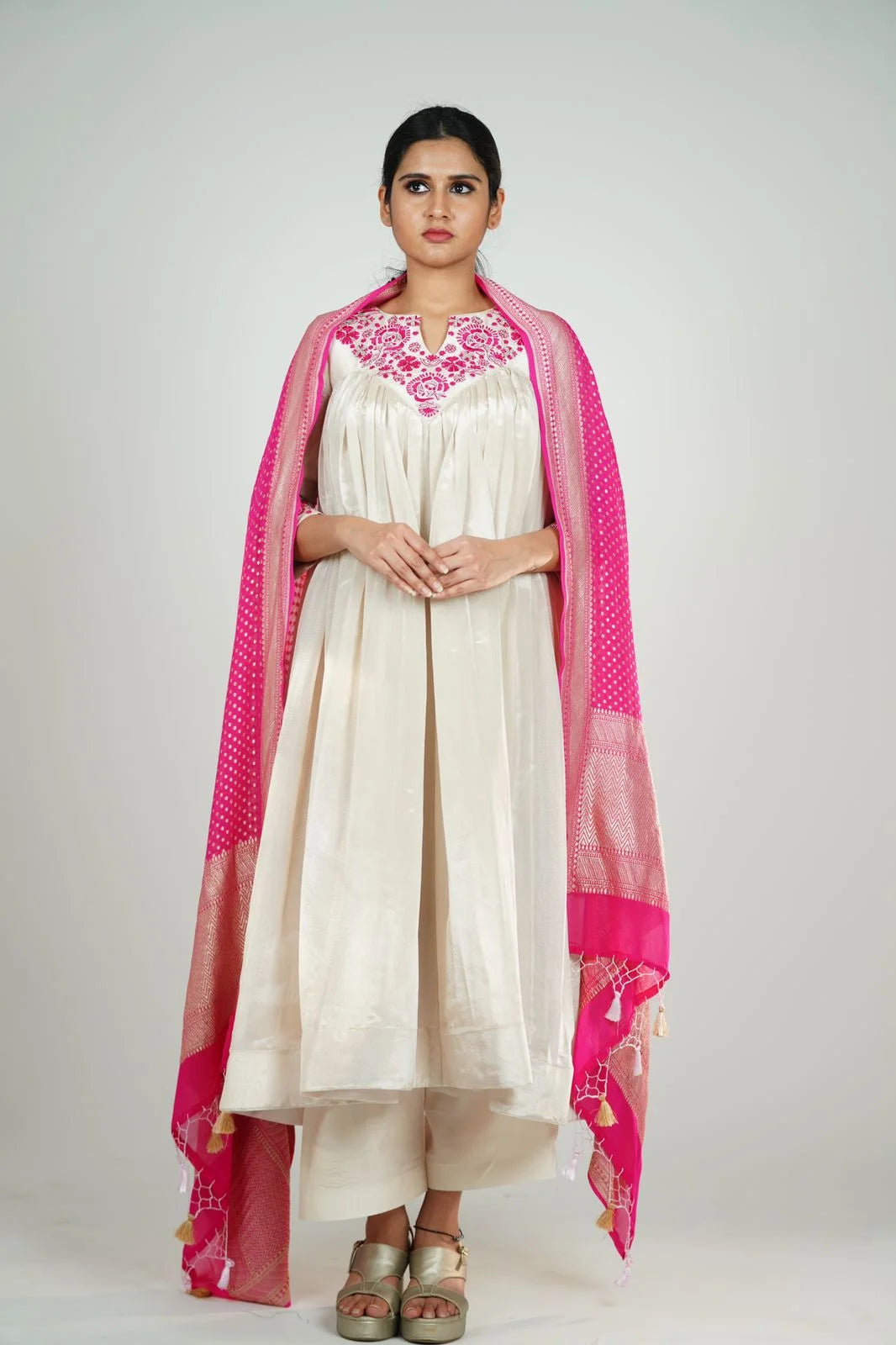 Classic White Tissue Anarkali with Pink Dupatta - Silk Anarkali Suit