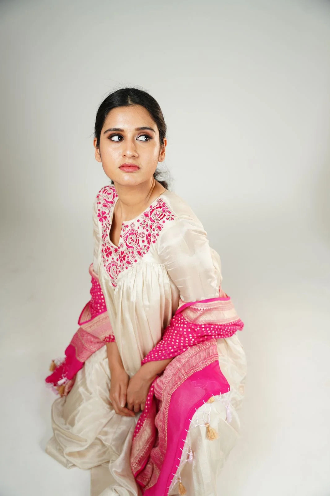 Classic White Tissue Anarkali with Pink Dupatta - Silk Anarkali Suit