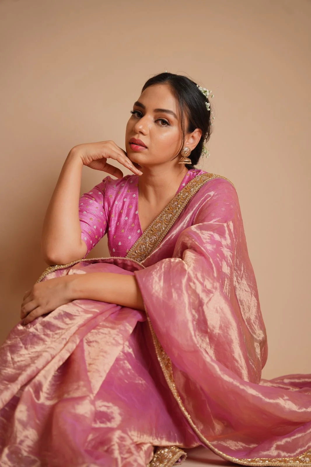 Mulberry Pink Handloom Tissue Silk Saree with Handwork Borders - Designer Saree