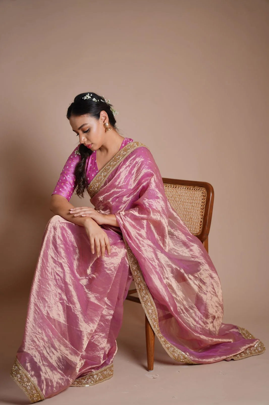Mulberry Pink Handloom Tissue Silk Saree with Handwork Borders - Designer Saree