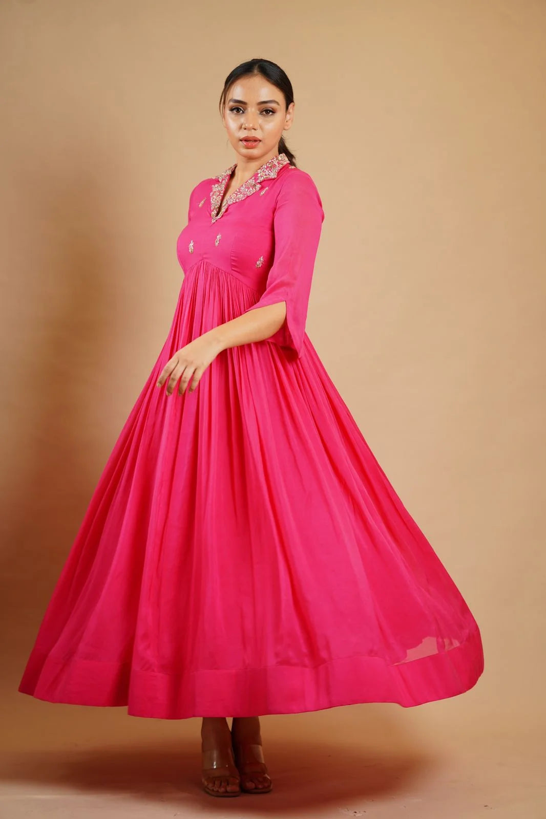 Hot Mulberry Pink Muslin Anarkali - Ethnic Anarkali Suit