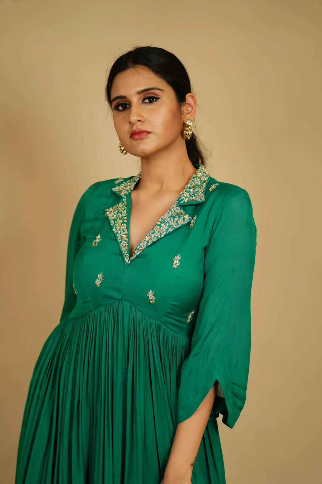 Castleton Green Muslin Anarkali with Gold Embroidery - Flared Anarkali