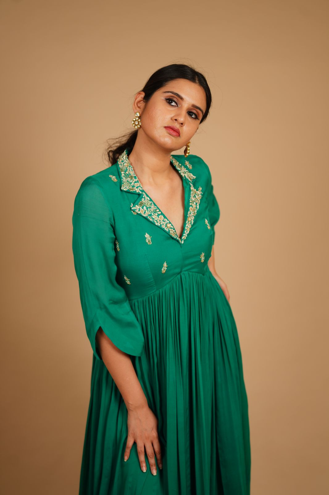 Castleton Green Muslin Anarkali with Gold Embroidery - Flared Anarkali