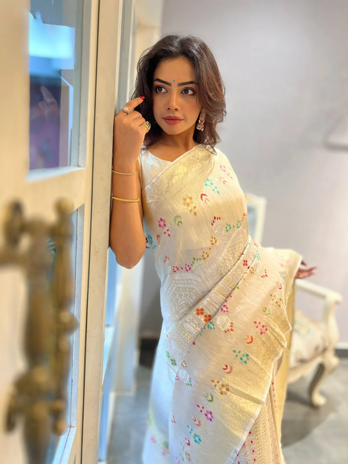 Ivory Floral Tussar Meenakari Saree - Handcrafted Traditional Saree