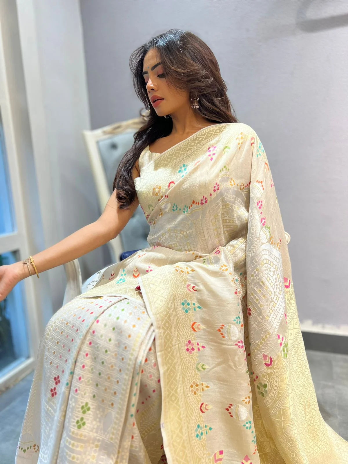 Ivory Floral Tussar Meenakari Saree - Handcrafted Traditional Saree