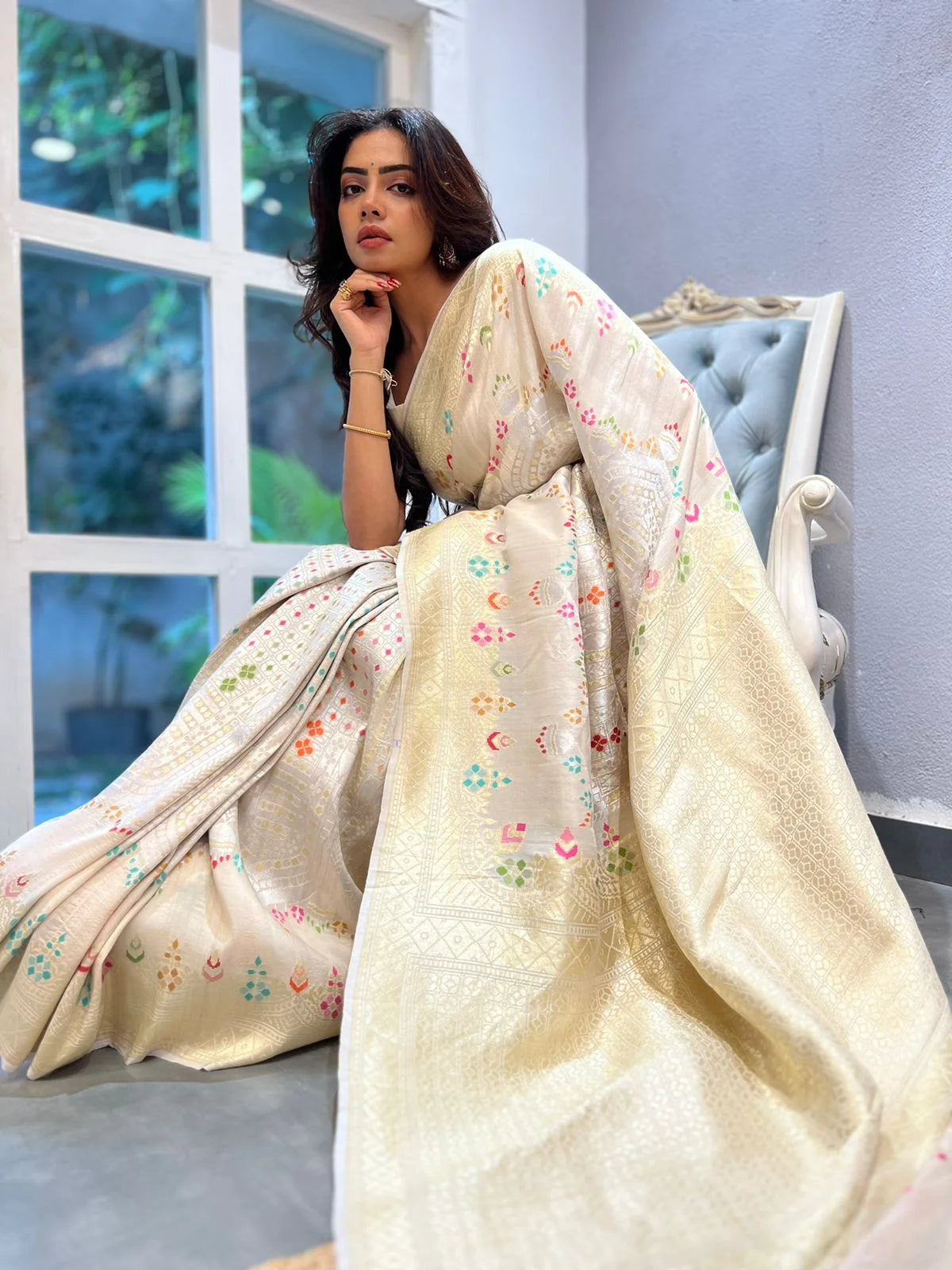 Ivory Floral Tussar Meenakari Saree - Handcrafted Traditional Saree