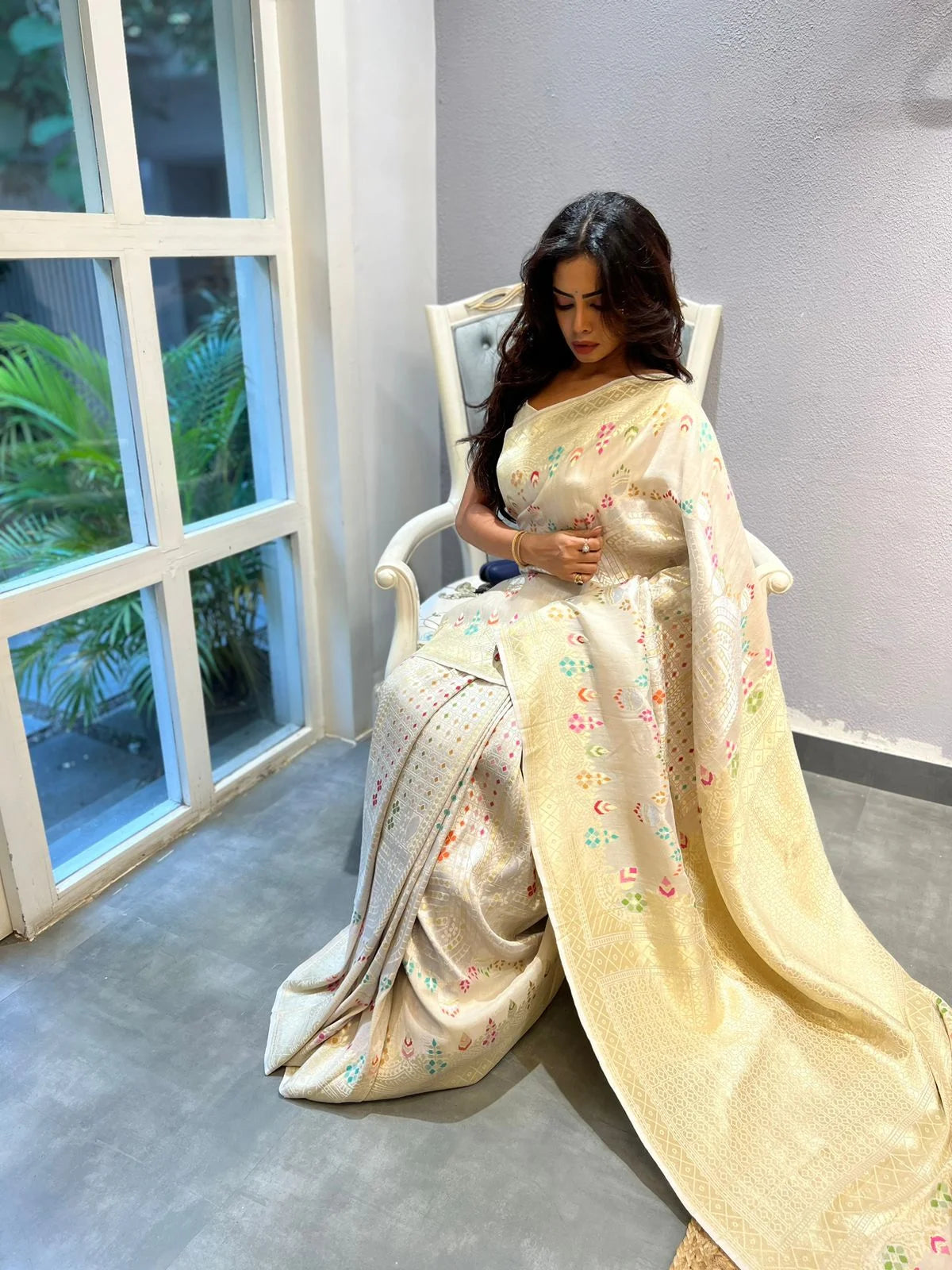 Ivory Floral Tussar Meenakari Saree - Handcrafted Traditional Saree