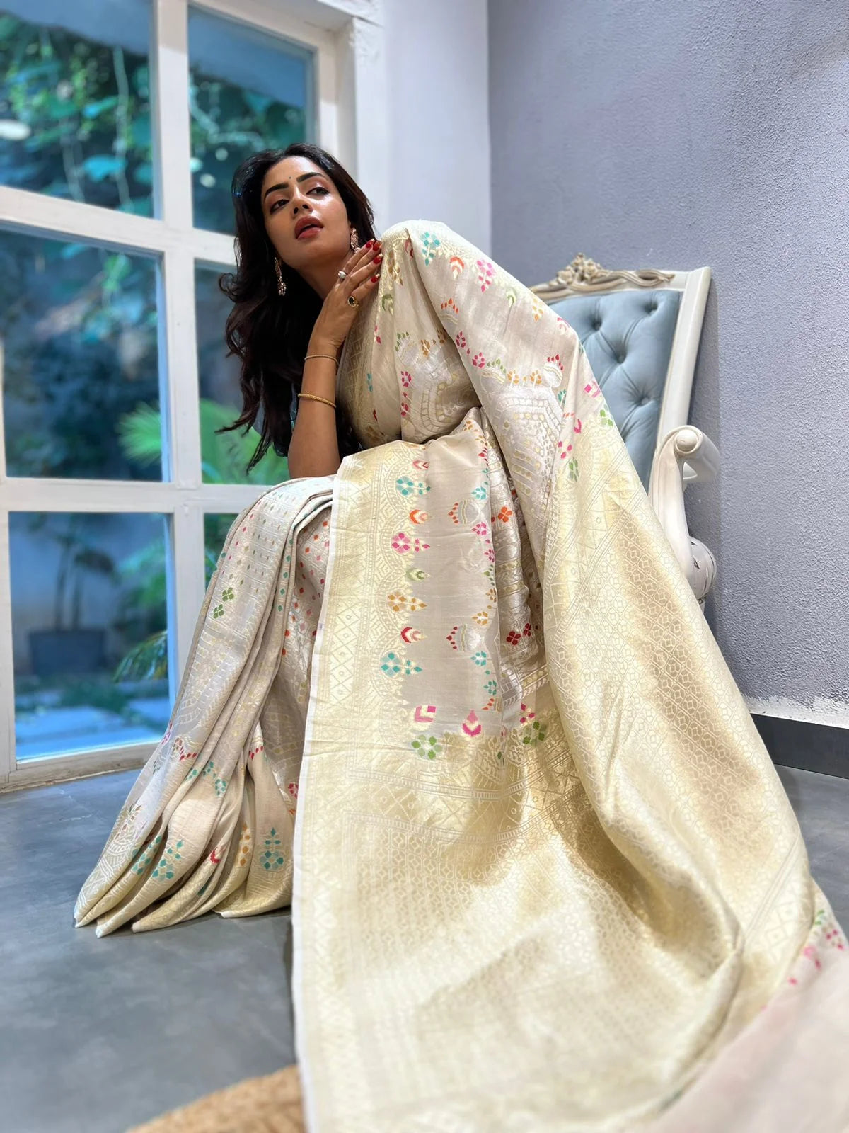 Ivory Floral Tussar Meenakari Saree - Handcrafted Traditional Saree