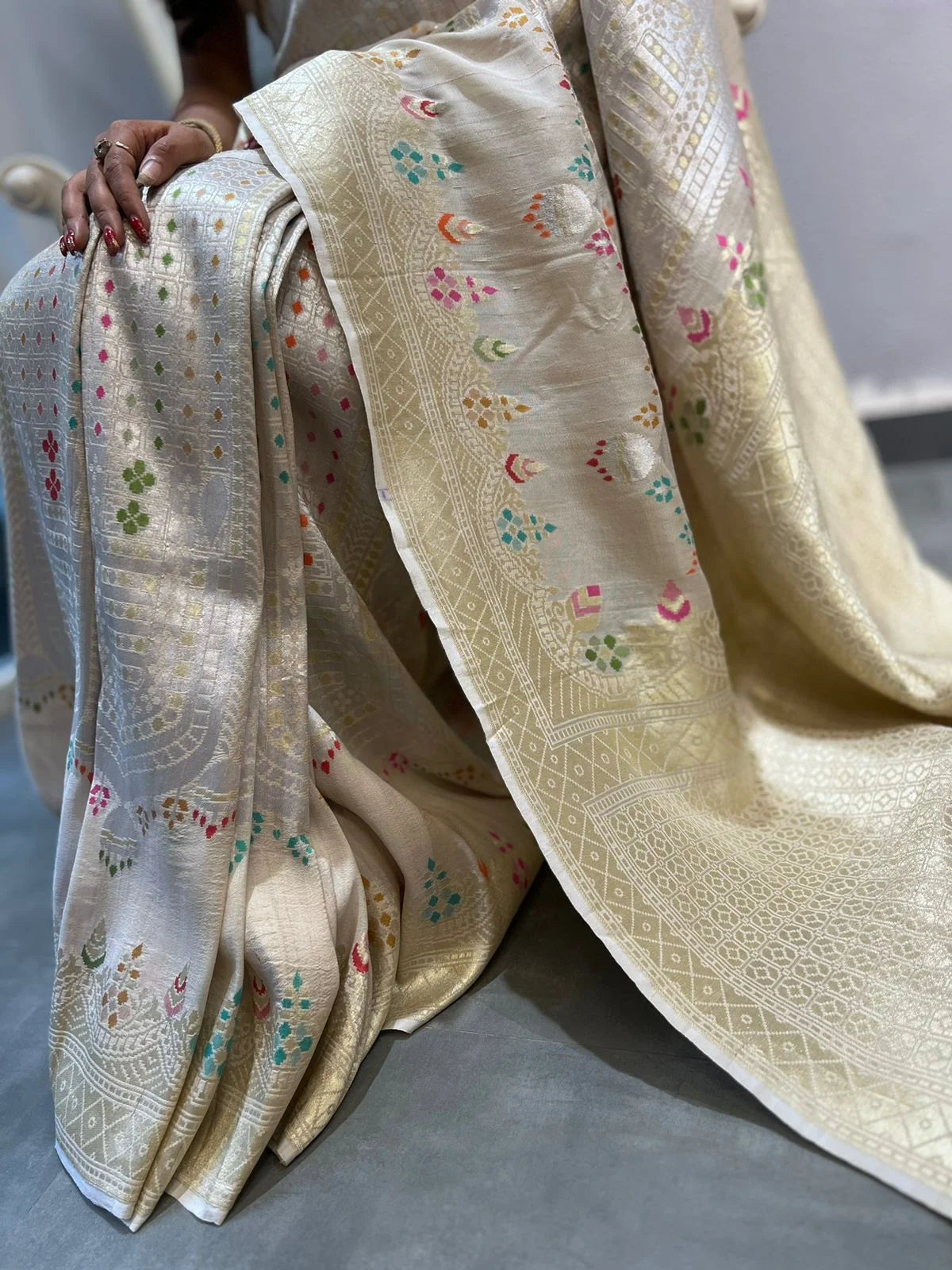 Ivory Floral Tussar Meenakari Saree - Handcrafted Traditional Saree