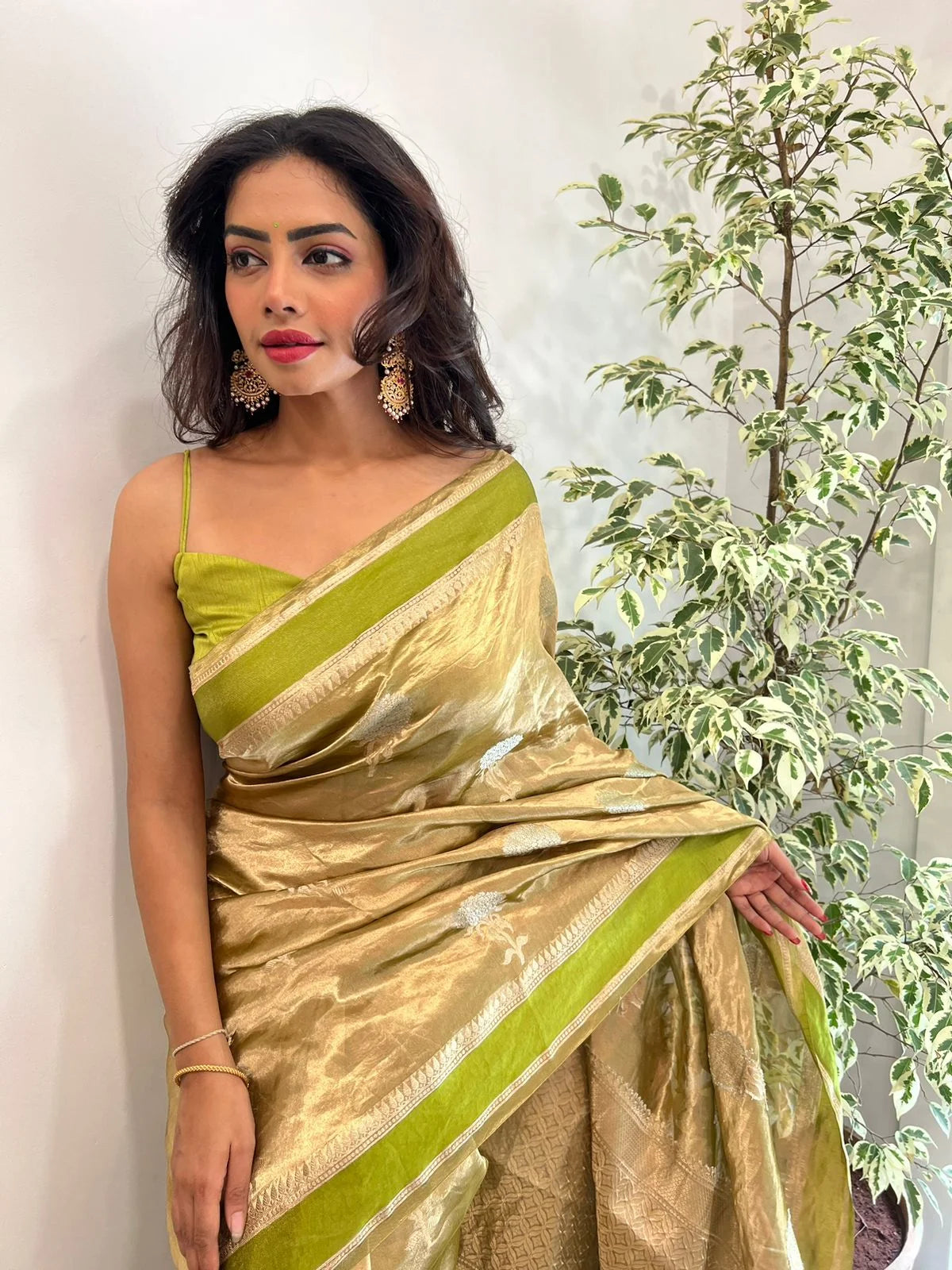 Olive Green Handloom Tissue Silk Saree with Sona Roopa Buta - Ethnic Wear
