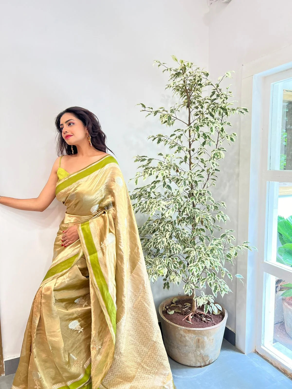 Olive Green Handloom Tissue Silk Saree with Sona Roopa Buta - Ethnic Wear