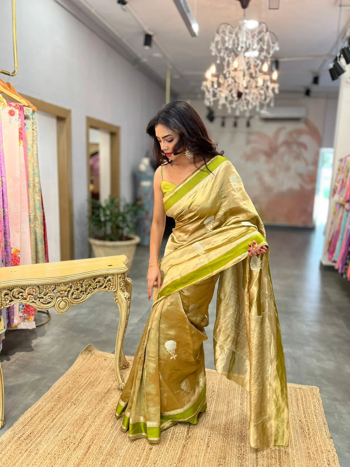Olive Green Handloom Tissue Silk Saree with Sona Roopa Buta - Ethnic Wear