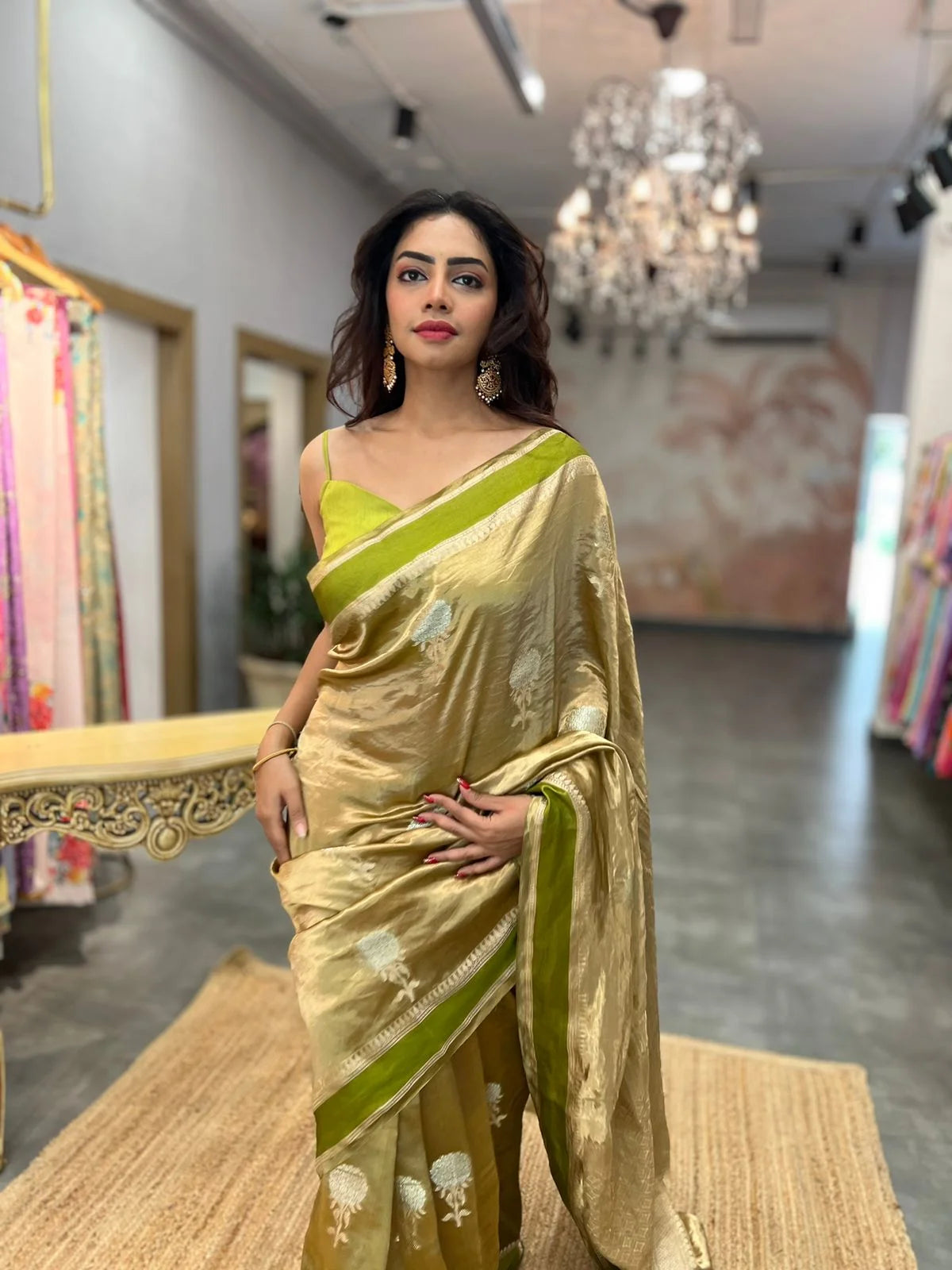 Olive Green Handloom Tissue Silk Saree with Sona Roopa Buta - Ethnic Wear