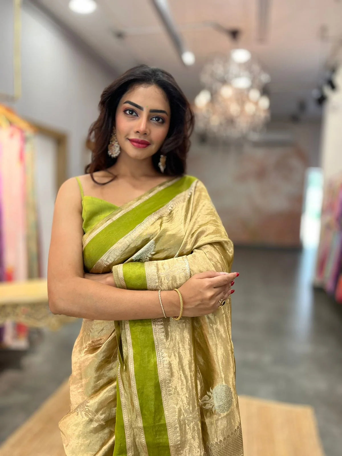 Olive Green Handloom Tissue Silk Saree with Sona Roopa Buta - Ethnic Wear