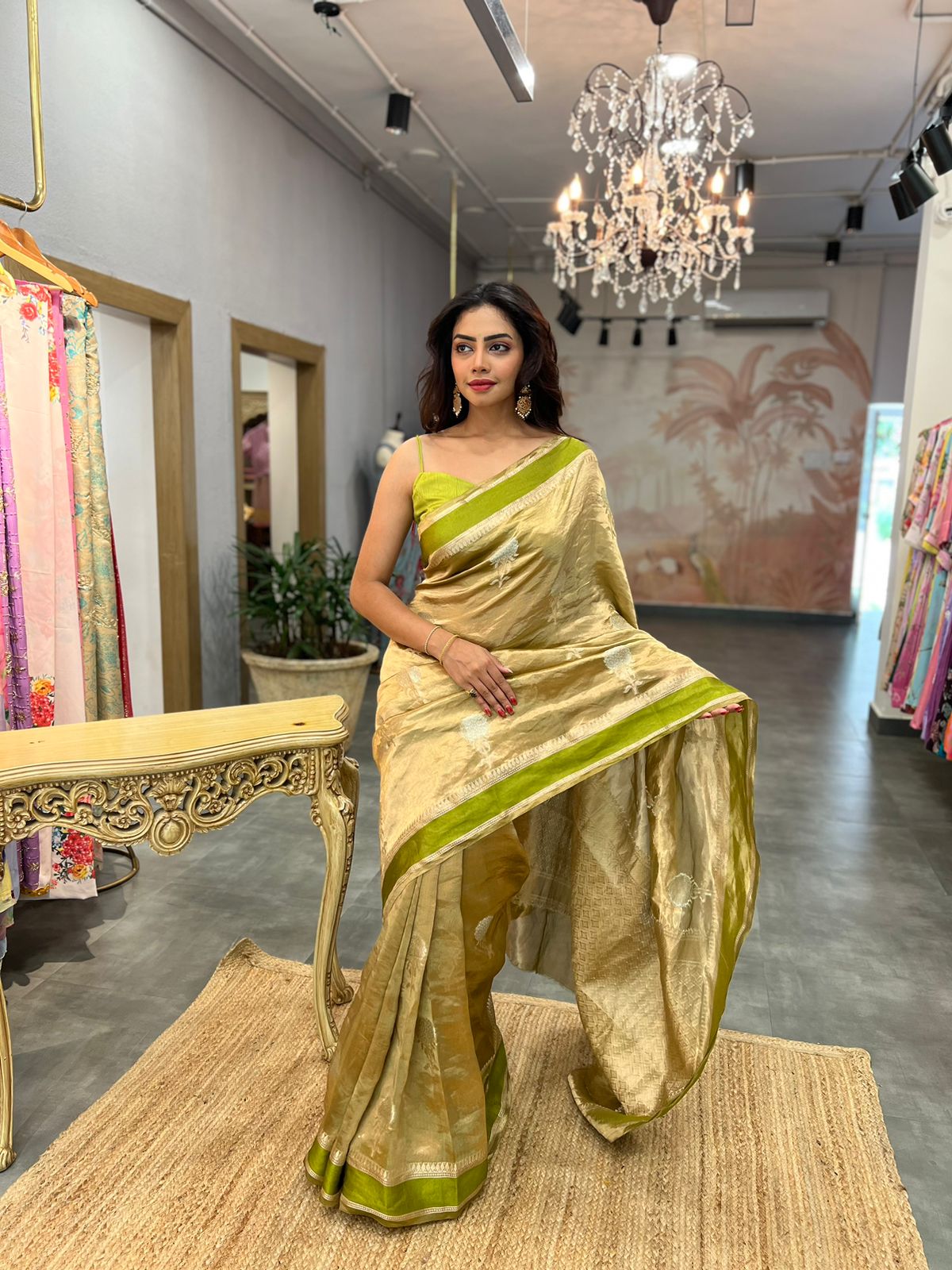 Olive Green Handloom Tissue Silk Saree with Sona Roopa Buta - Ethnic Wear