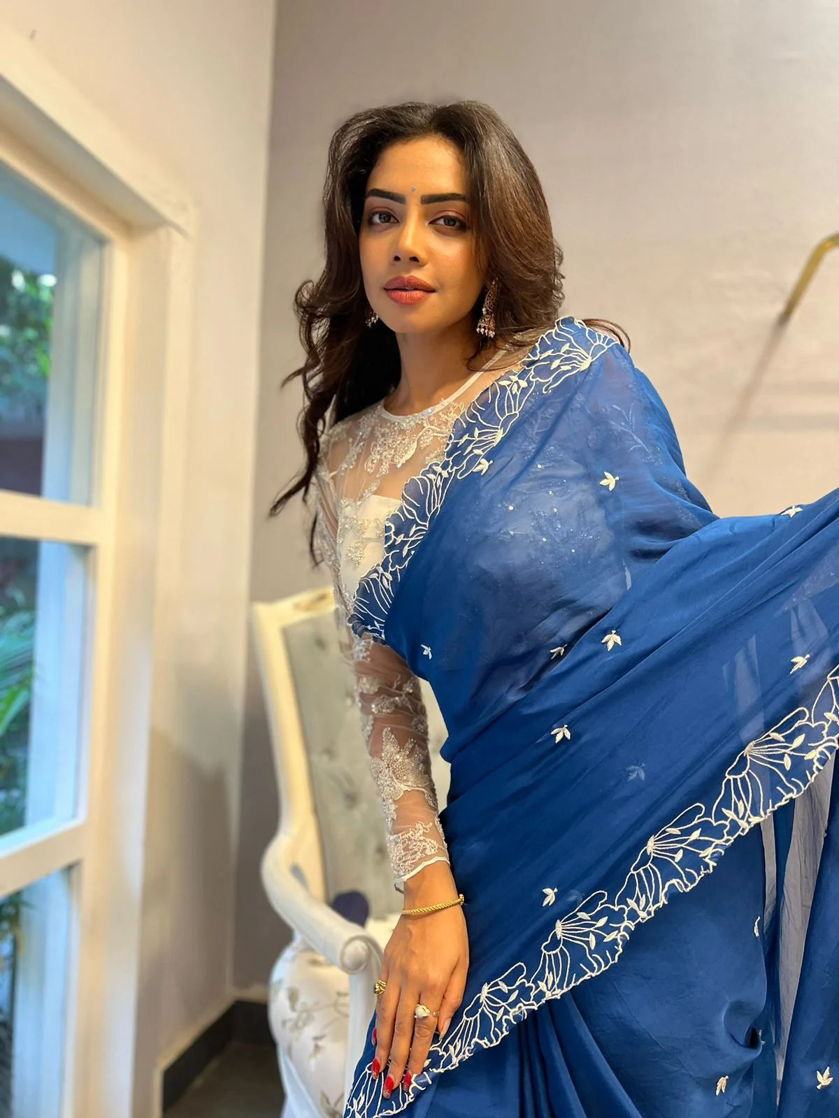 Blueberry Blue Floral Organza Saree with Cutwork - Handmade Saree
