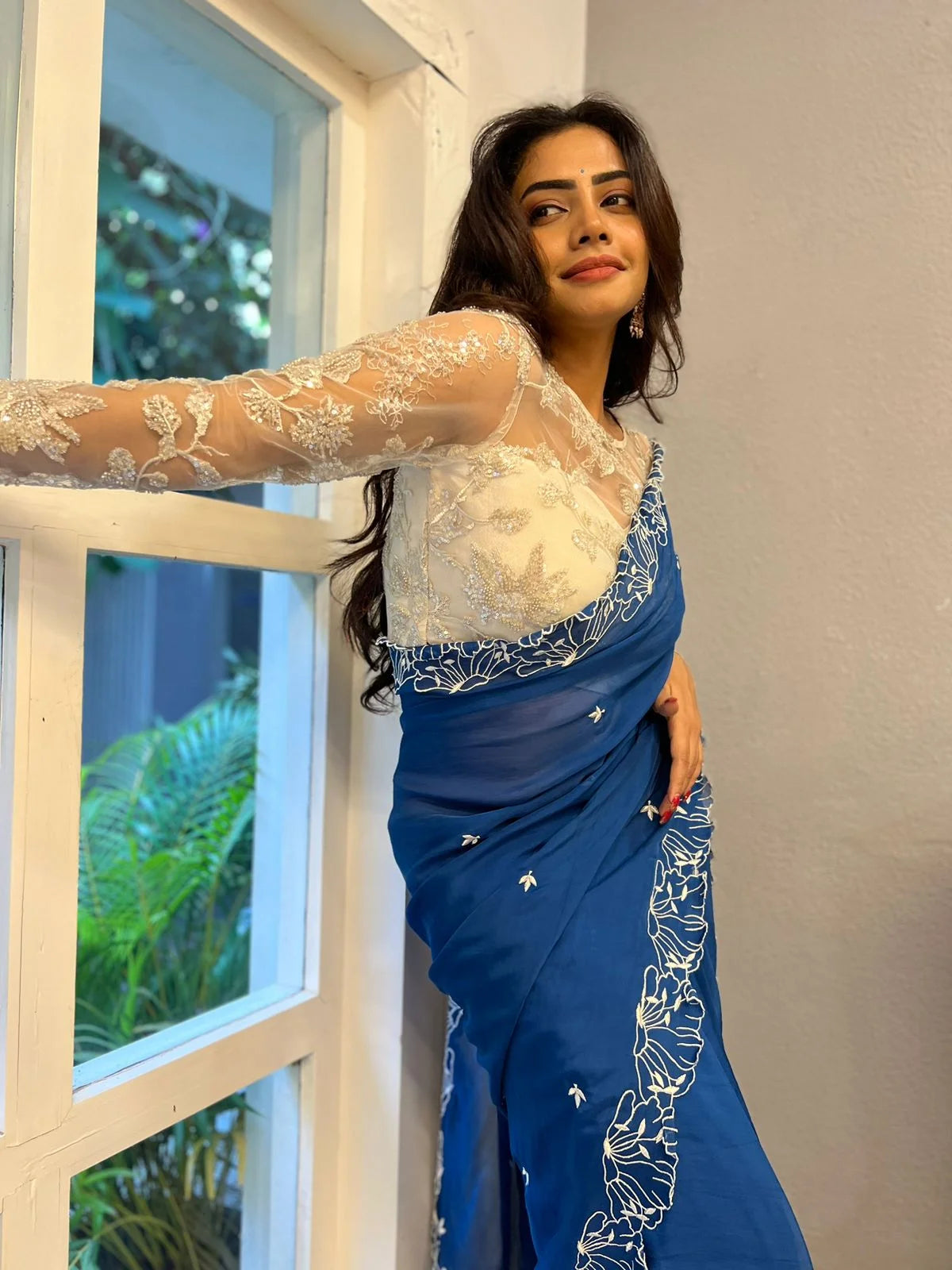 Blueberry Blue Floral Organza Saree with Cutwork - Handmade Saree