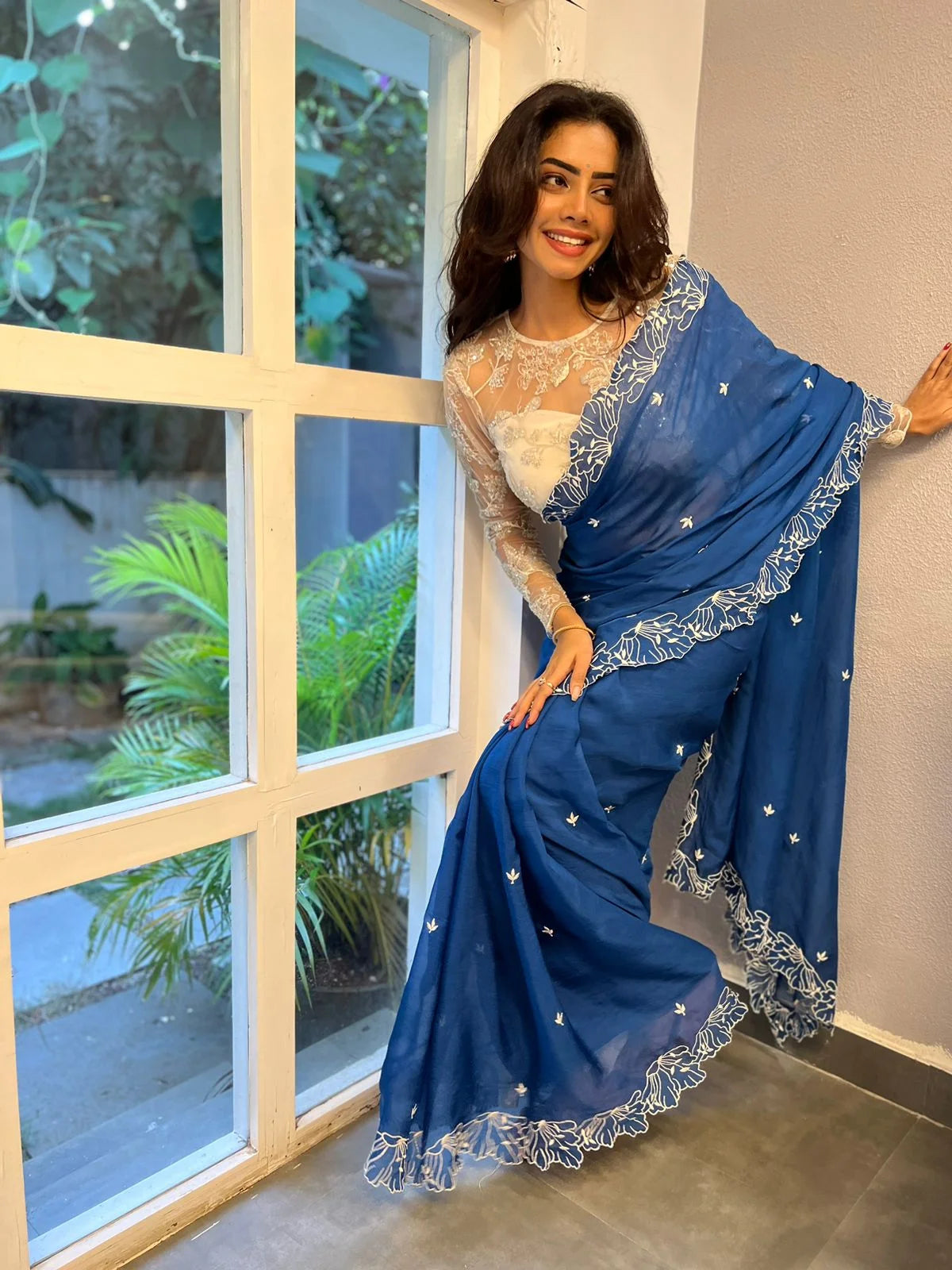 Blueberry Blue Floral Organza Saree with Cutwork - Handmade Saree