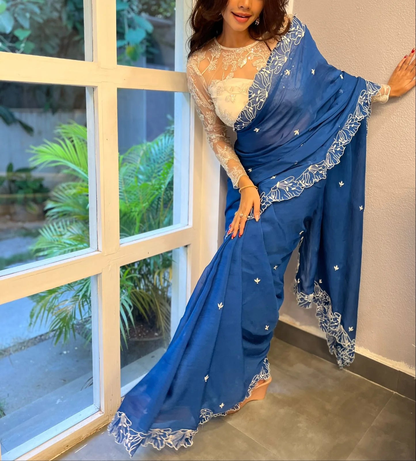 Blueberry Blue Floral Organza Saree with Cutwork - Handmade Saree