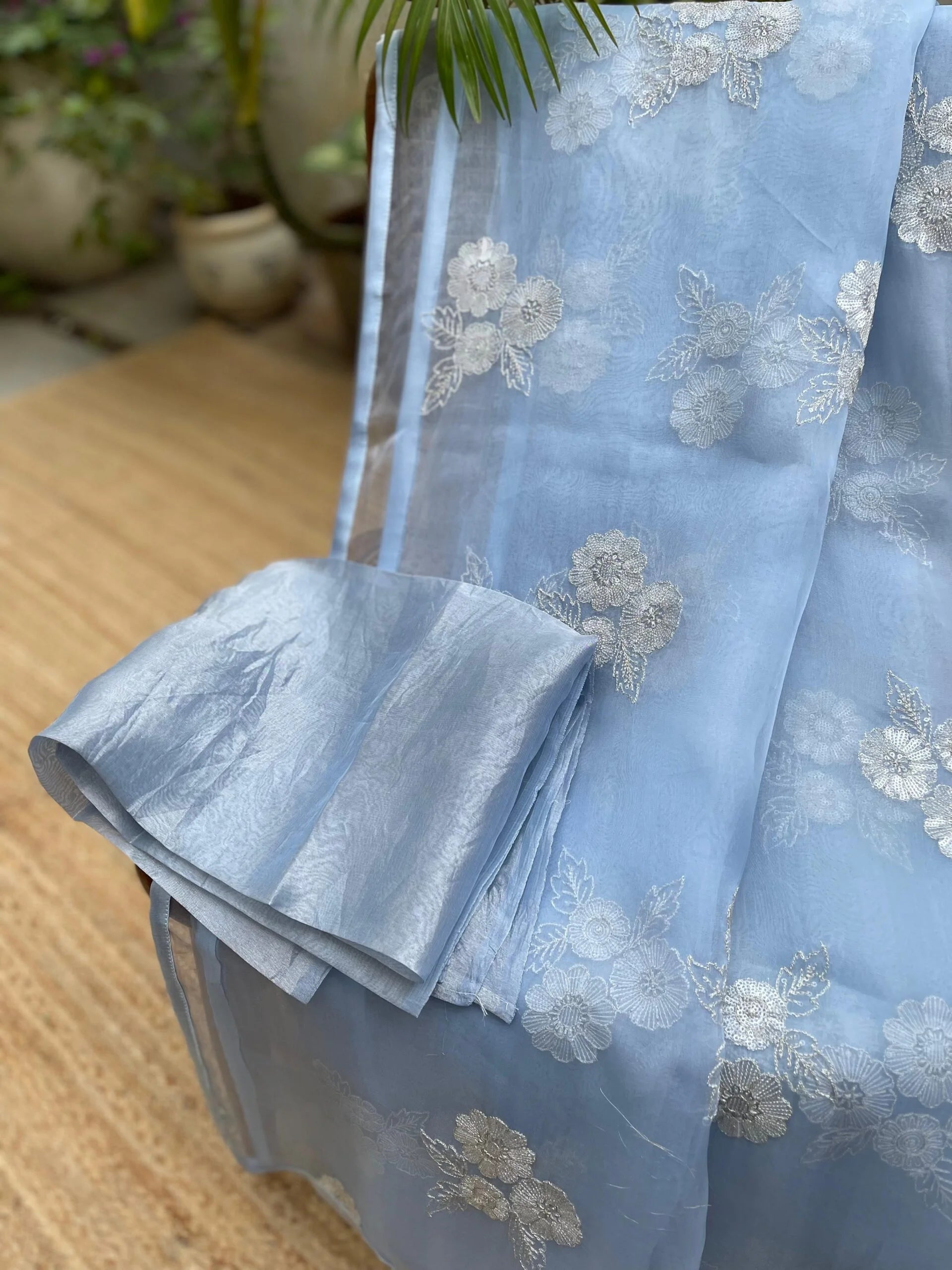 Powder Blue Dreams Floral Embroidered Organza Saree - Modern Saree