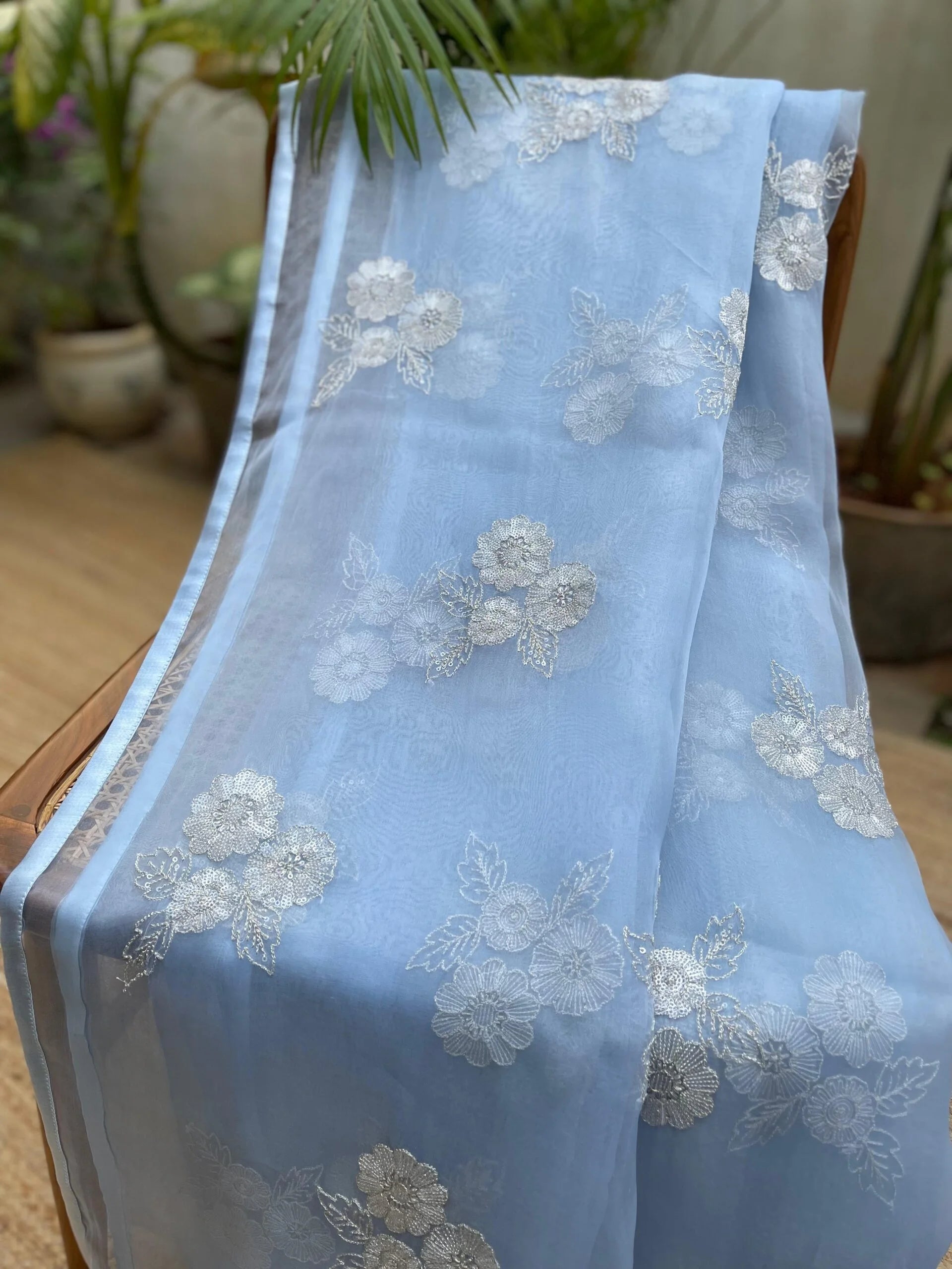 Powder Blue Dreams Floral Embroidered Organza Saree - Modern Saree