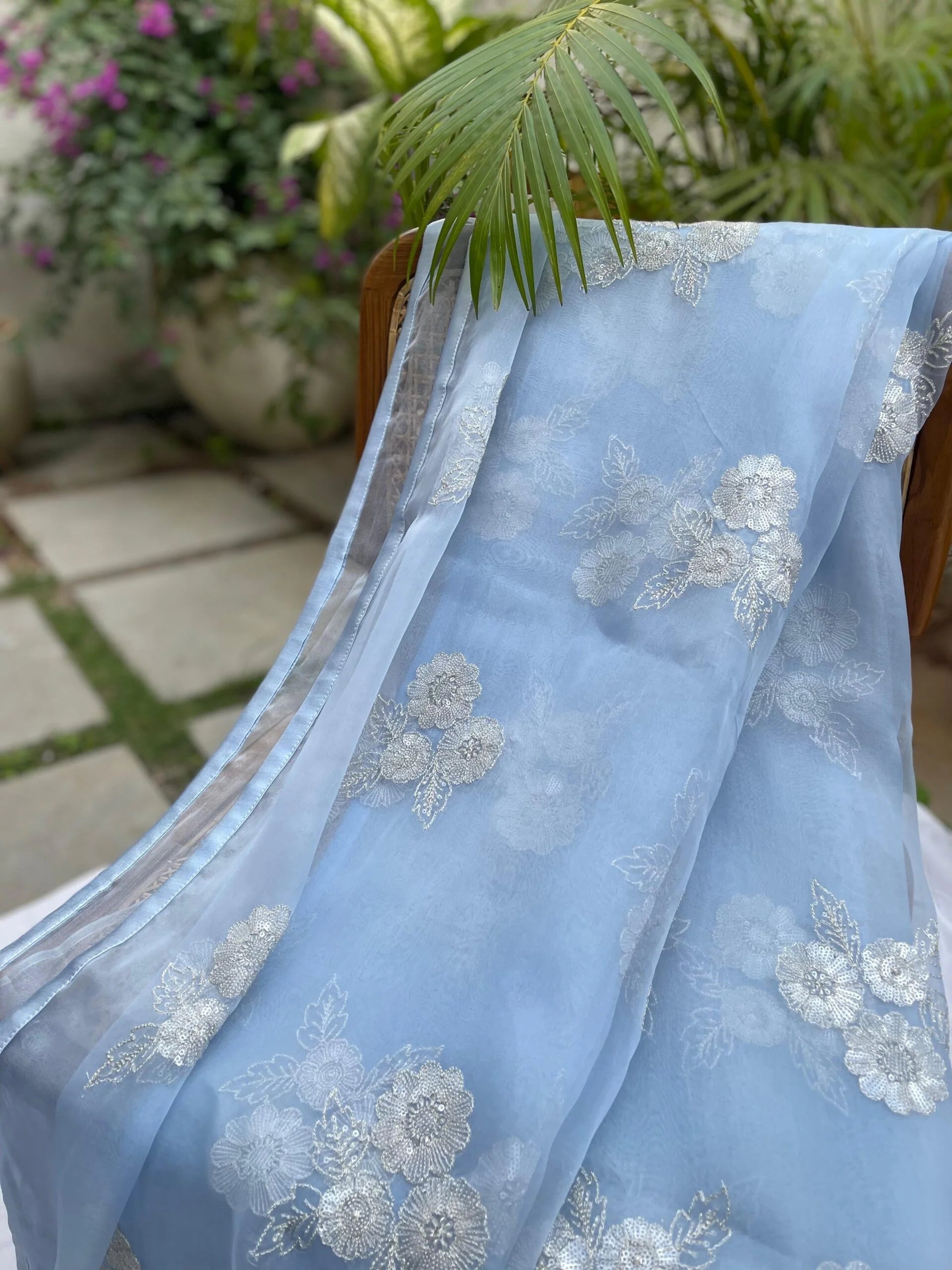 Powder Blue Dreams Floral Embroidered Organza Saree - Modern Saree