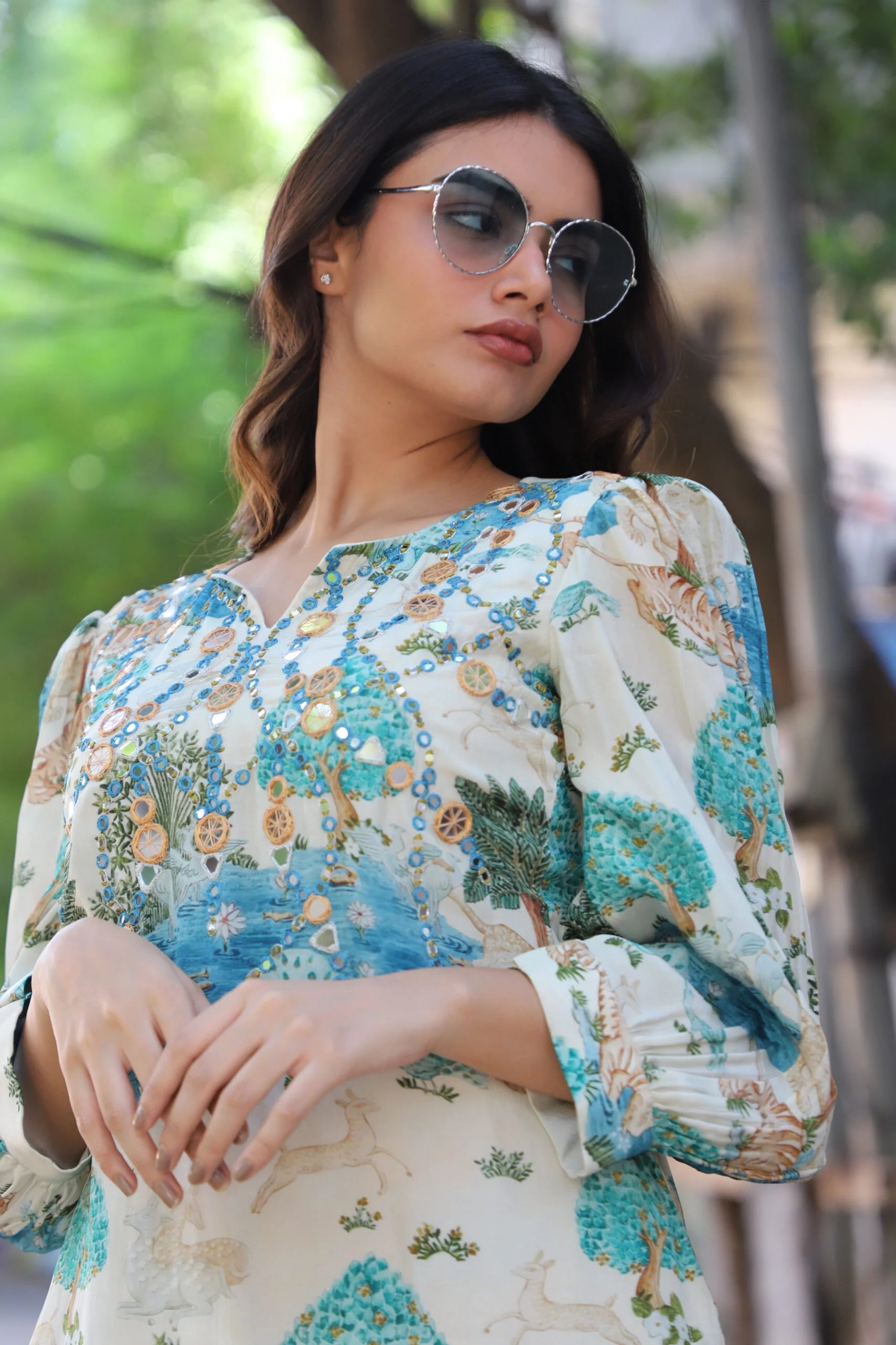 Blue Origin Printed Natural Crepe Coord Set with Mirror Work - Kurta Pant Set