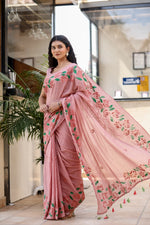 Poetic Dusty Rose Pink Cotton Malmal Handpainted Floral Saree