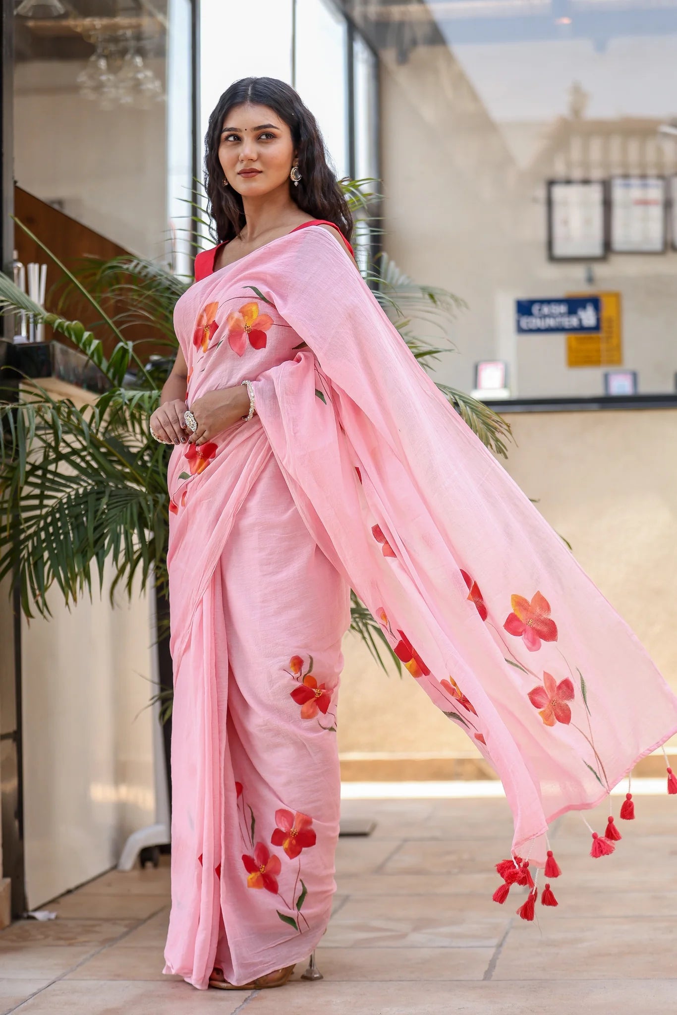 Bloom Rush (Handpainted Pink Malmal Saree)
