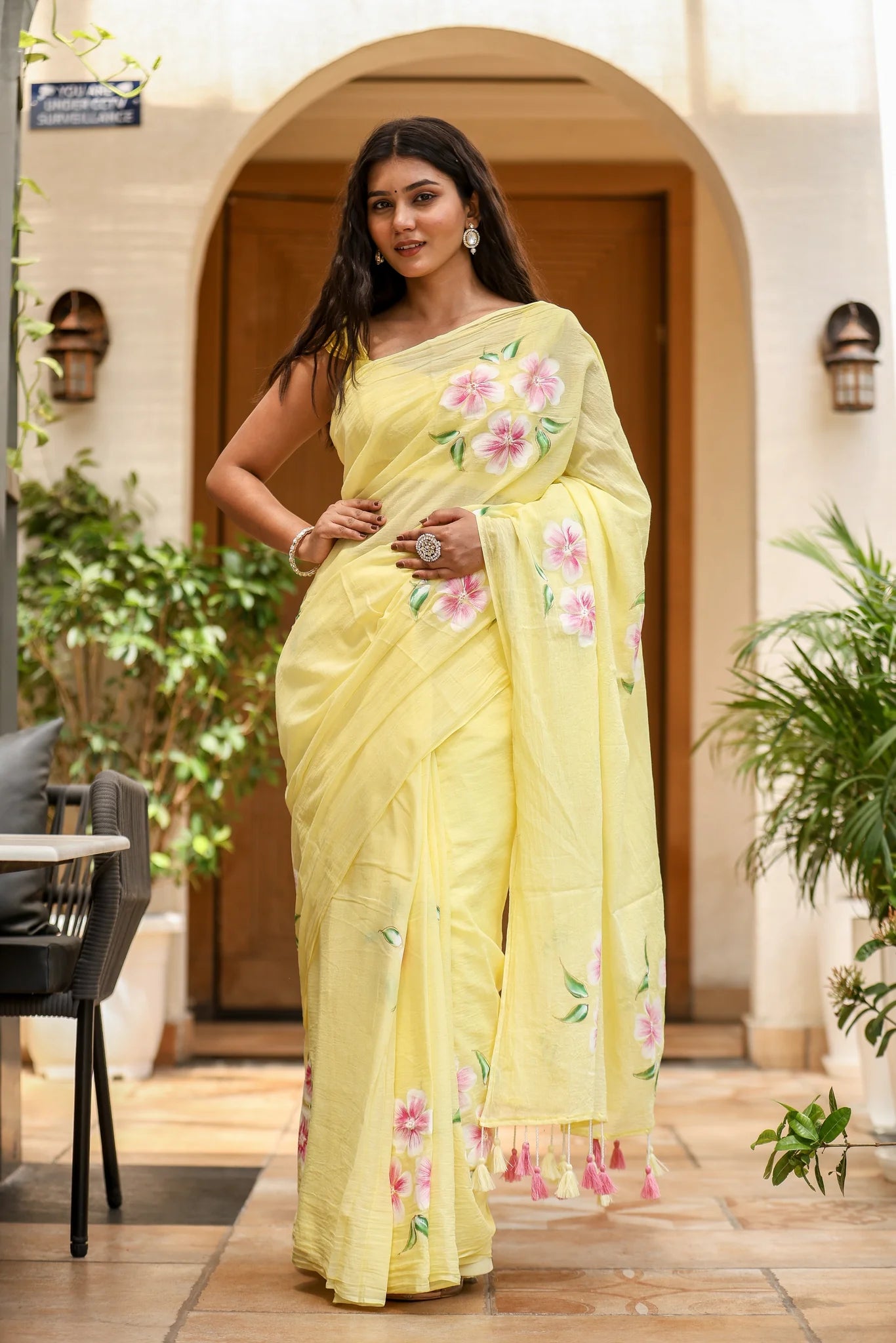 Delicate Yellow Malmal Cotton Handpainted Floral Saree - Sunlit Blossom