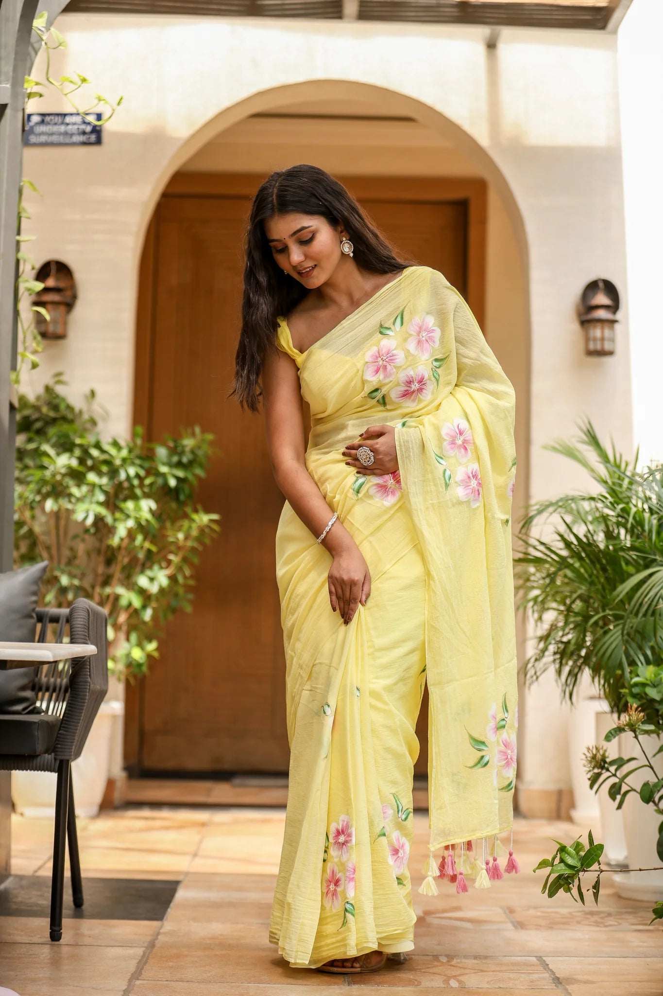 Delicate Yellow Malmal Cotton Handpainted Floral Saree - Sunlit Blossom