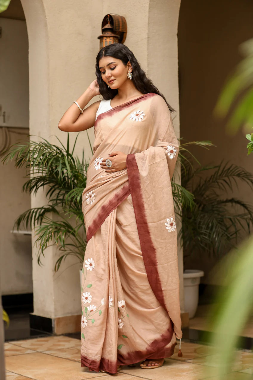 Earthy Brown Malmal Cotton Handpainted Daisy Saree - Rosewood Dusk
