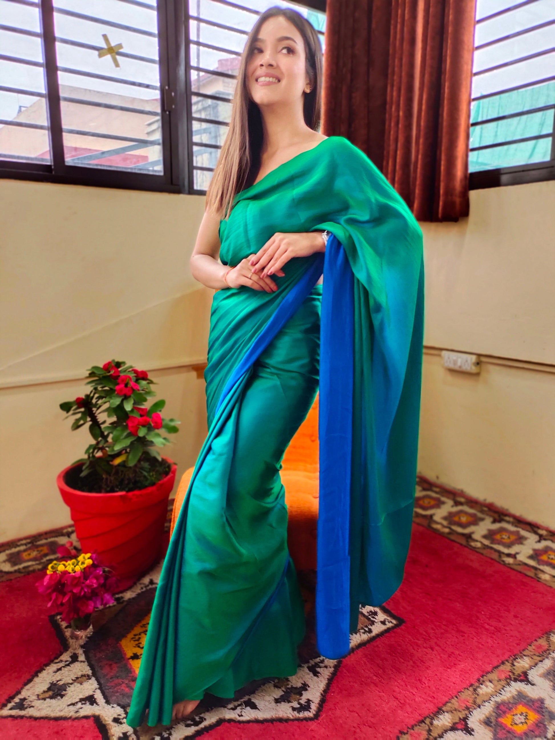 Appealing Teal Blue Dual Tone Reversible Satin Silk Saree
