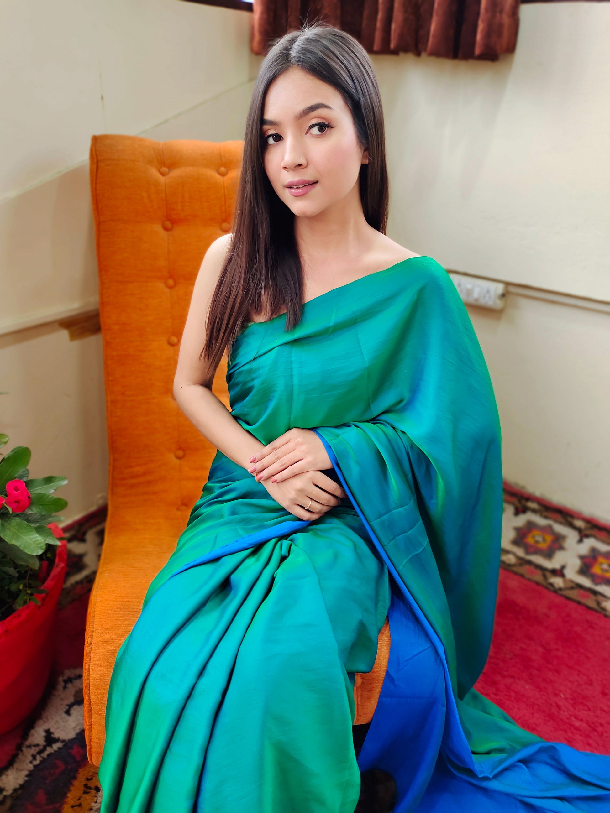 Appealing Teal Blue Dual Tone Reversible Satin Silk Saree