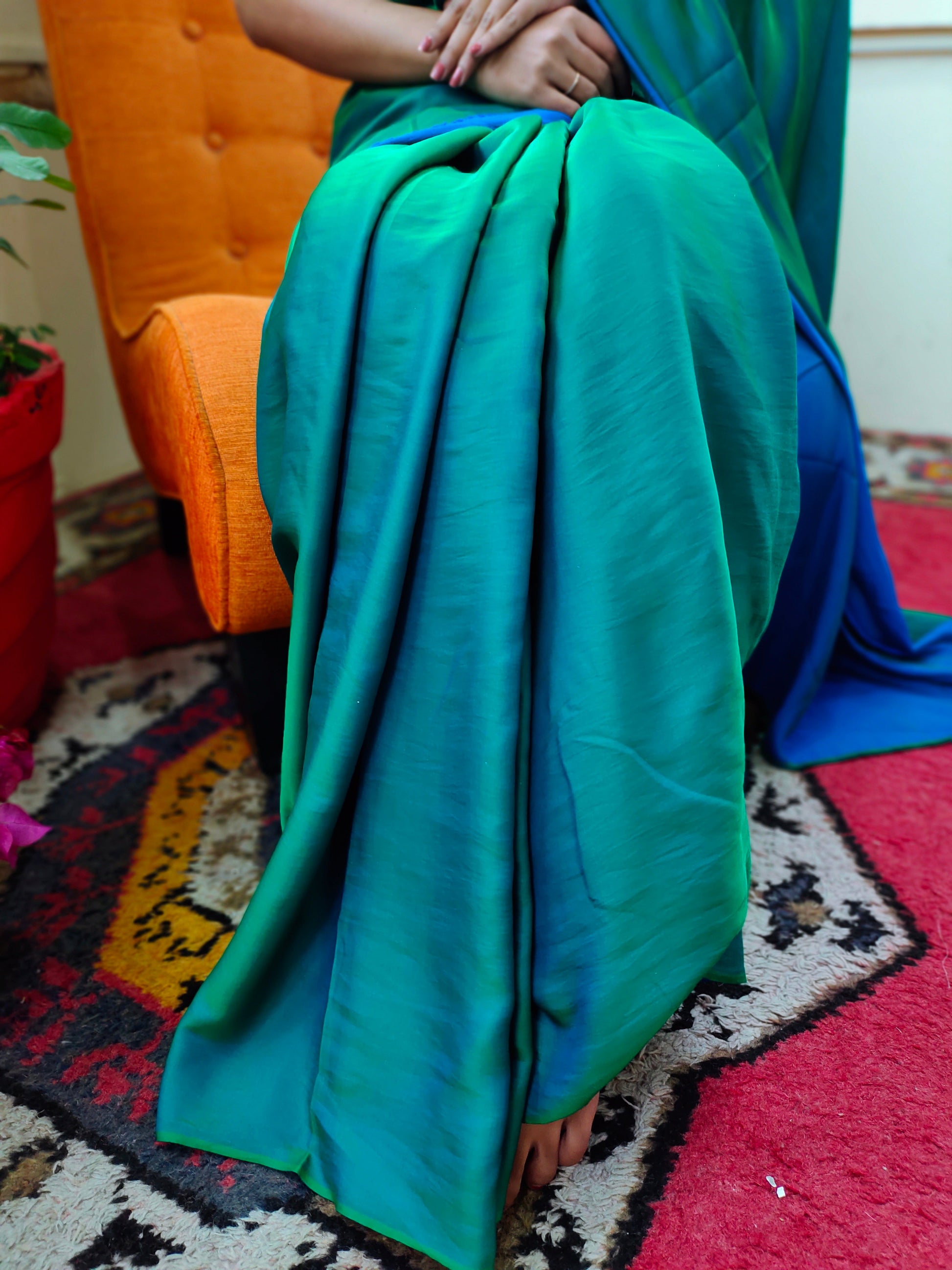 Appealing Teal Blue Dual Tone Reversible Satin Silk Saree