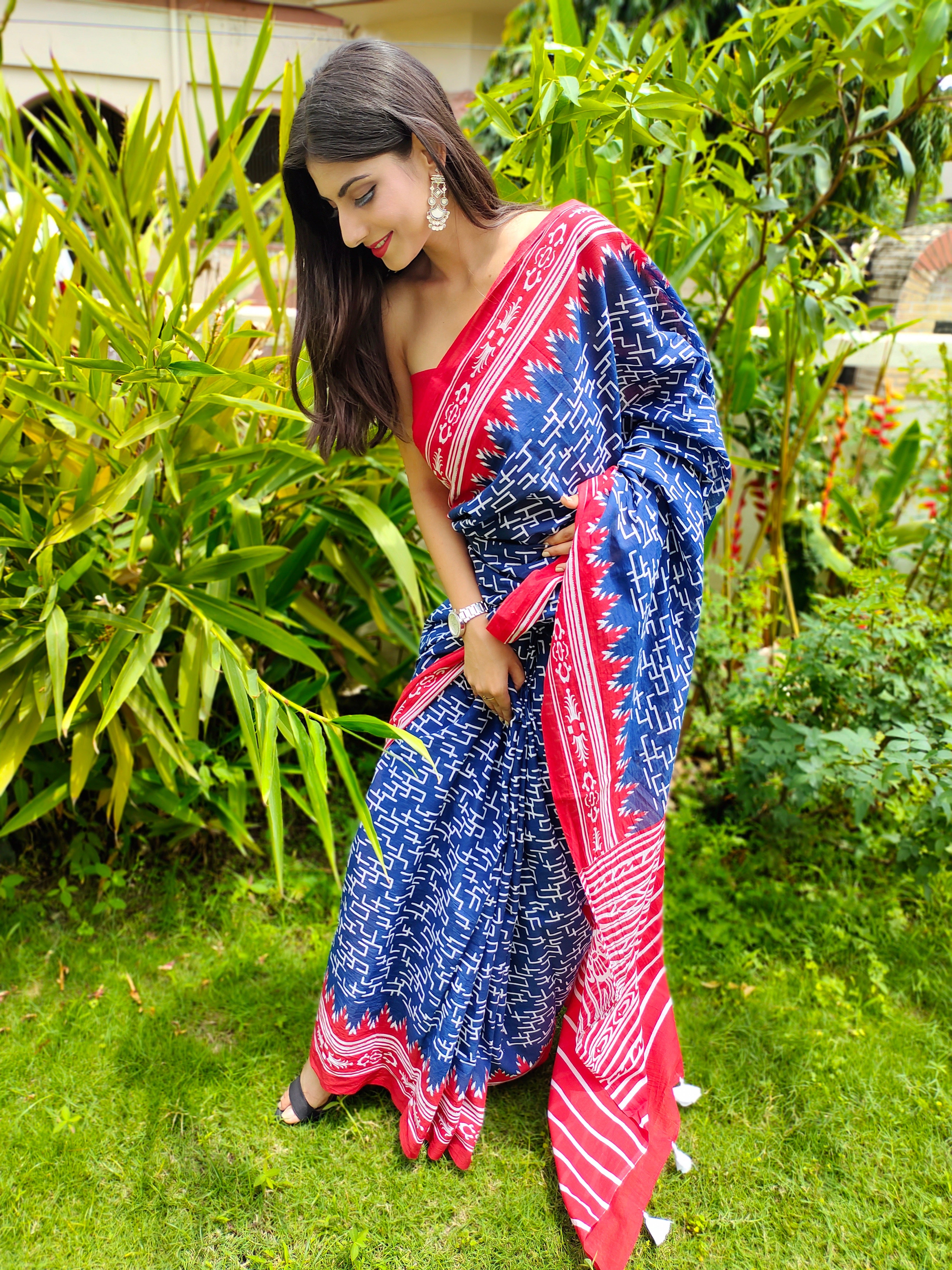 Classy Royal Blue Cotton Saree Red Border Handblock Print