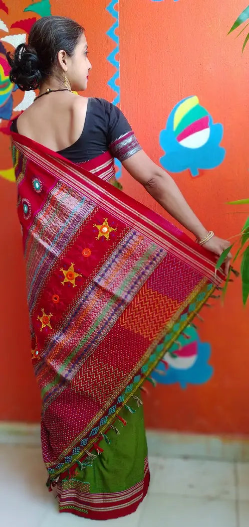 Olive Green Red Kora Cotton Lambani Tribal Hand Embroidered Saree Nature