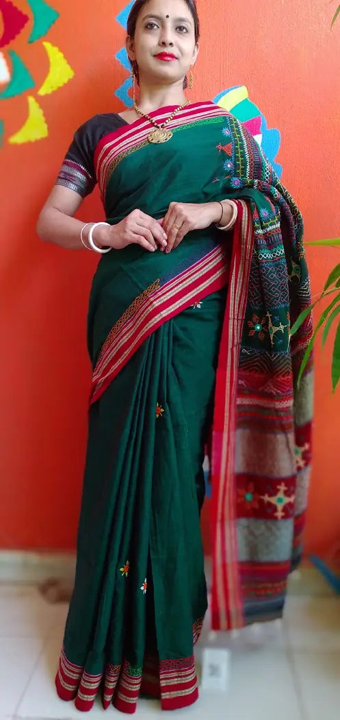 Dark Green Red Kora Cotton Lambani Tribal Hand Embroidered Saree Nature