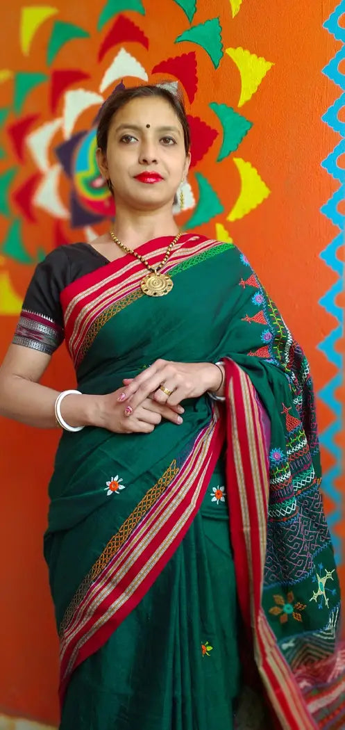 Dark Green Red Kora Cotton Lambani Tribal Hand Embroidered Saree Nature