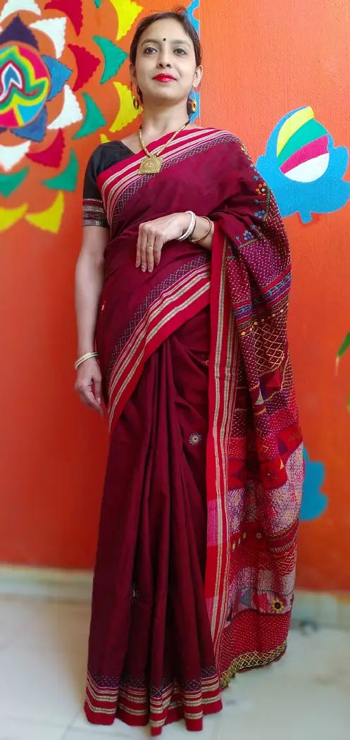 Deep Red Kora Cotton Lambani Tribal Hand Embroidered Saree Nature Inspired