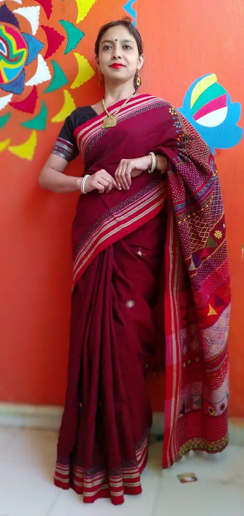 Deep Red Kora Cotton Lambani Tribal Hand Embroidered Saree Nature Inspired