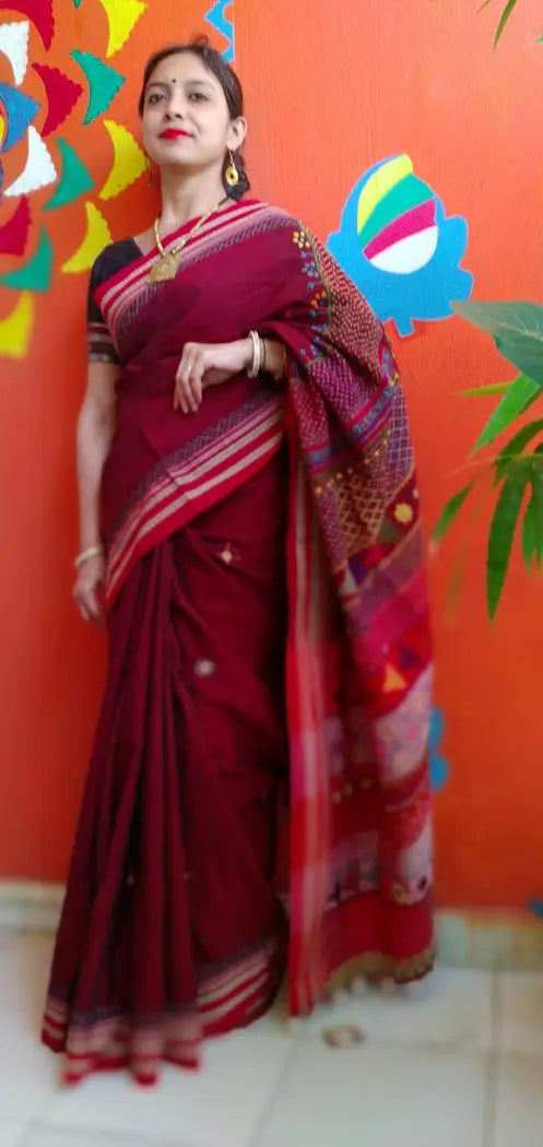 Deep Red Kora Cotton Lambani Tribal Hand Embroidered Saree Nature Inspired