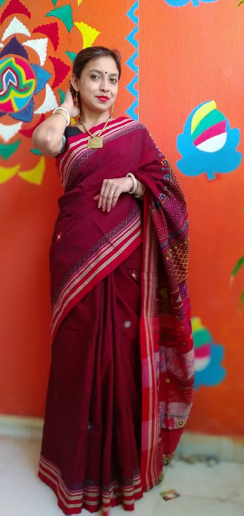 Deep Red Kora Cotton Lambani Tribal Hand Embroidered Saree Nature Inspired