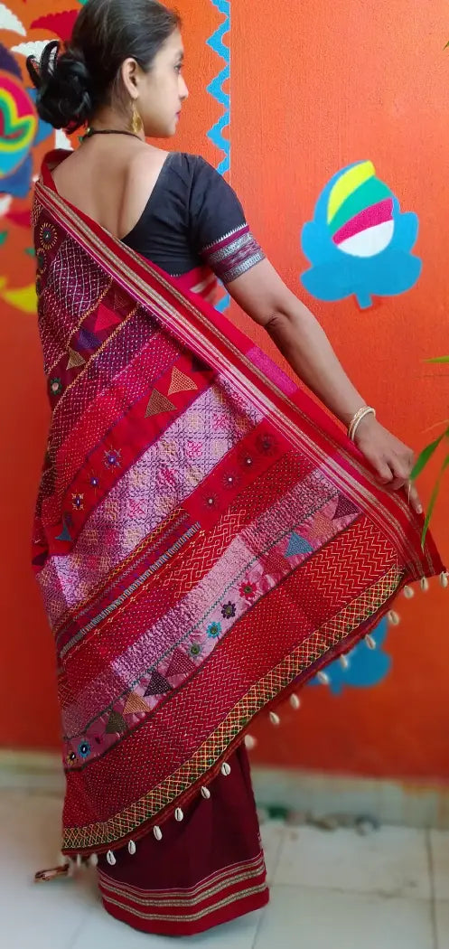 Deep Red Kora Cotton Lambani Tribal Hand Embroidered Saree Nature Inspired
