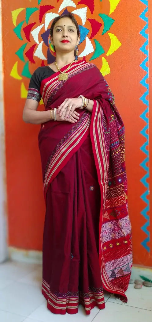 Deep Red Kora Cotton Lambani Tribal Hand Embroidered Saree Nature Inspired