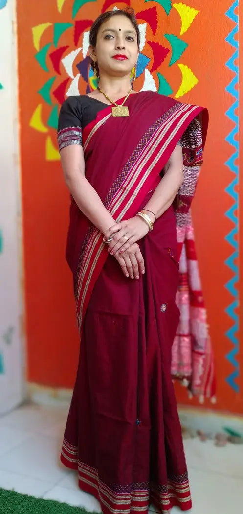 Deep Red Kora Cotton Lambani Tribal Hand Embroidered Saree Nature Inspired