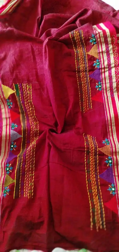 Deep Red Kora Cotton Lambani Tribal Hand Embroidered Saree Nature Inspired